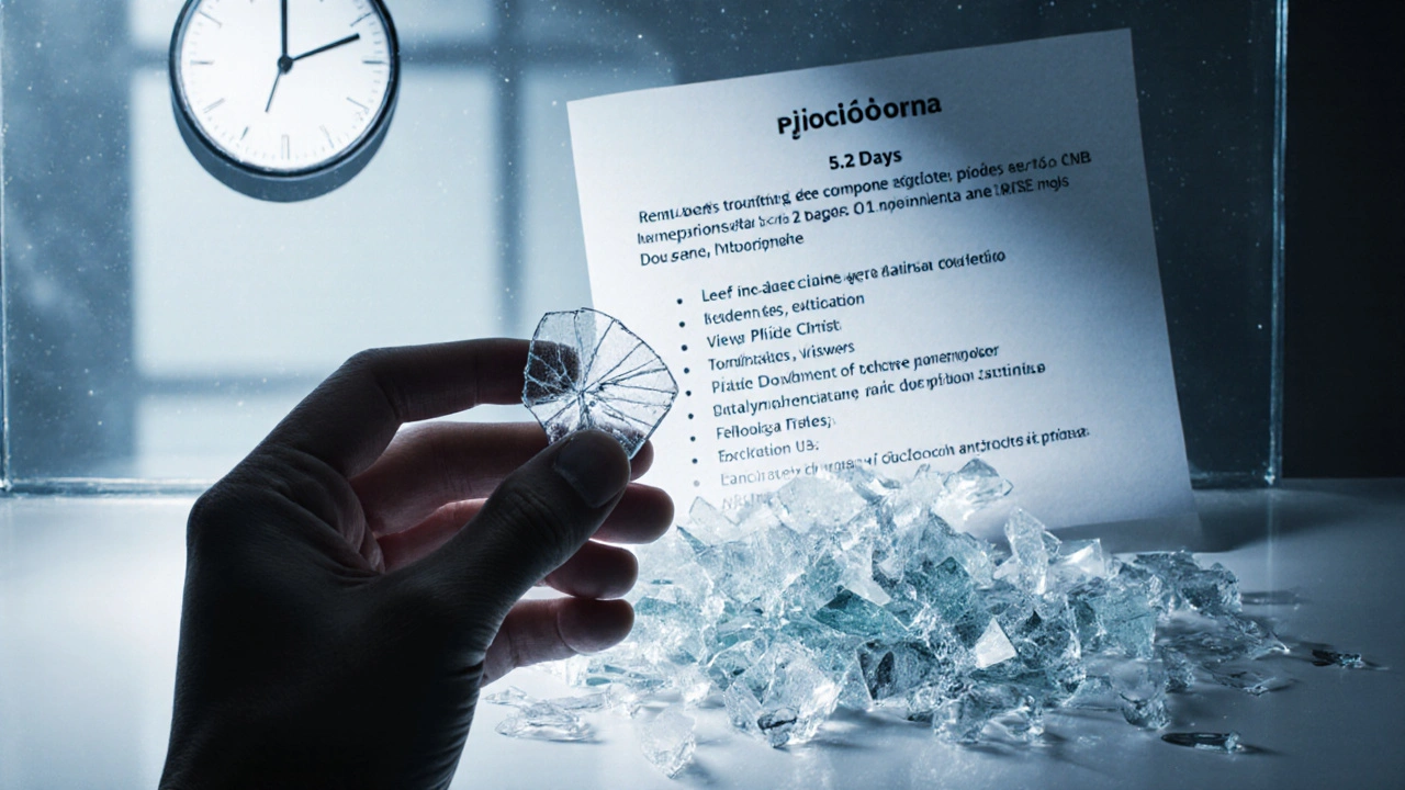 Rozbité sklo vedle celistvého kousku s průhlednými podmínkami pojištění na pozadí.