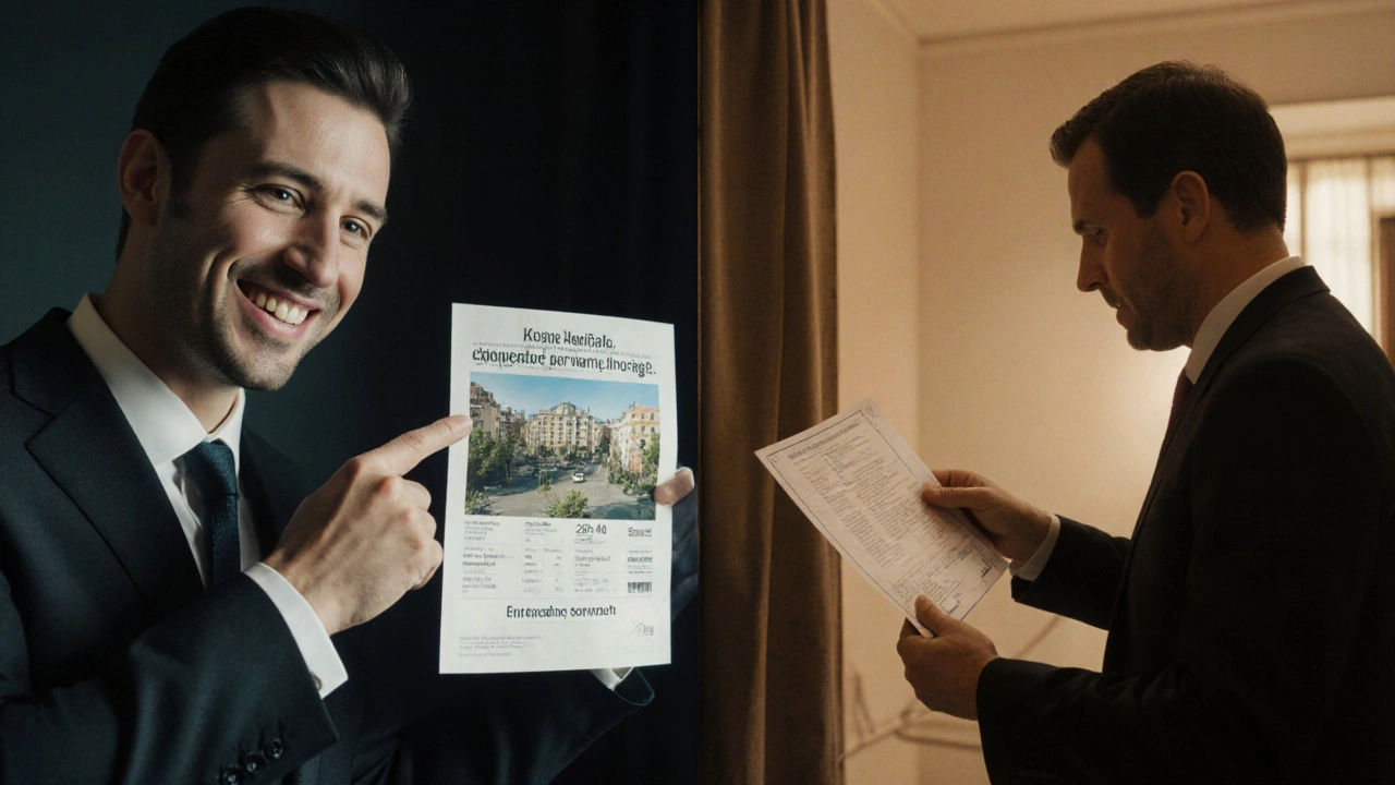 Rozdělený obraz: realitní makléř ukazuje na nepravdivý inzerát a právník drží úřední dokument.