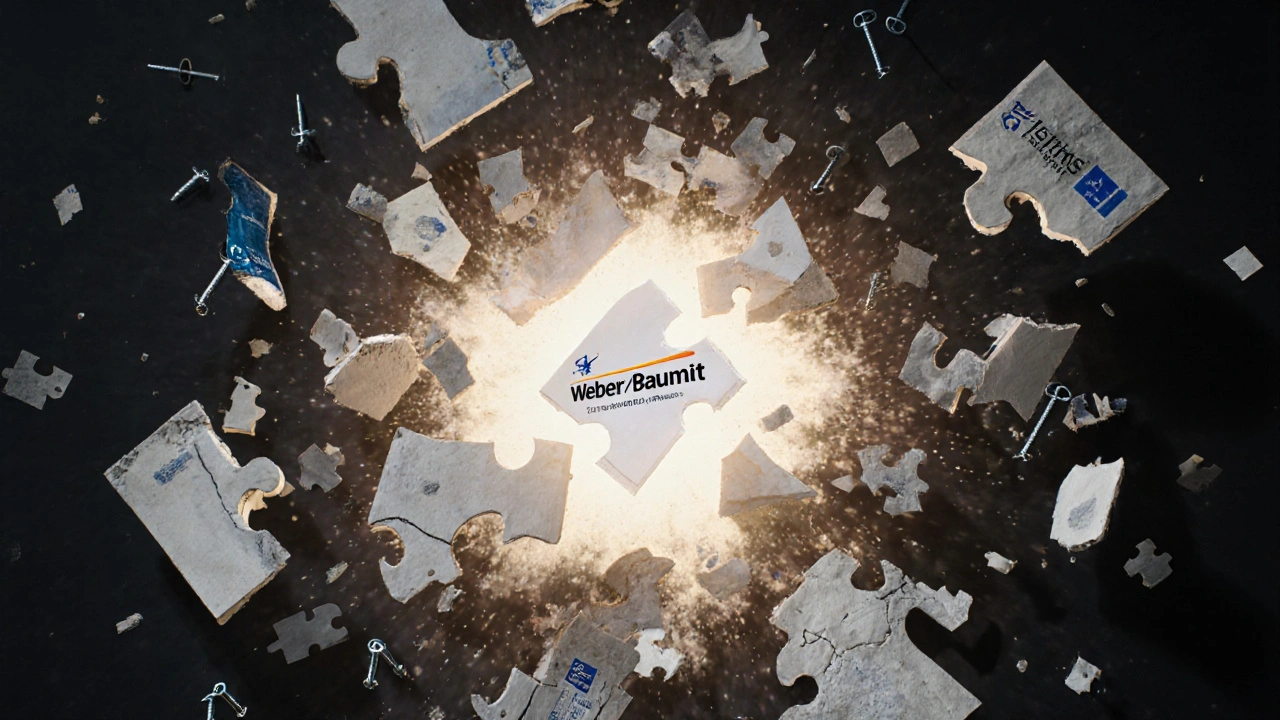 Rozpadající se fasádní systém z nekompatibilních materiálů, jedna správná verze září uprostřed.