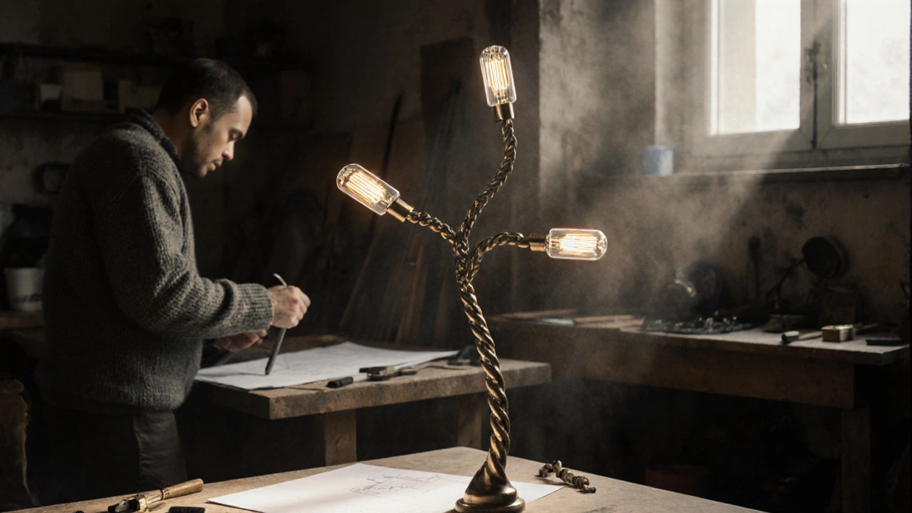 Rukama vyráběné svítidlo v dílně, s mosazí, sklem a detailními rysy.