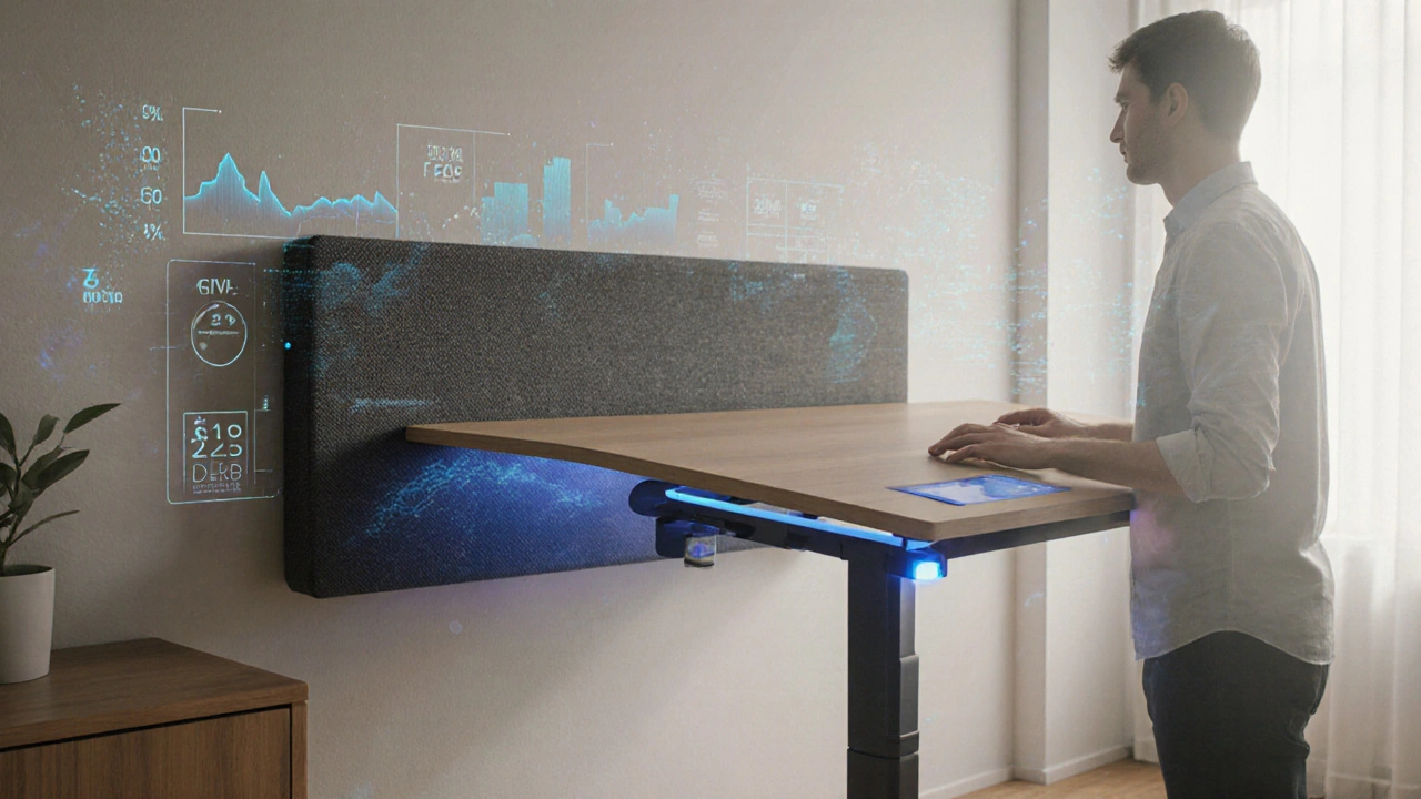 Smart desk automatically adjusting height with acoustic panel and sustainable wood in a future home office.