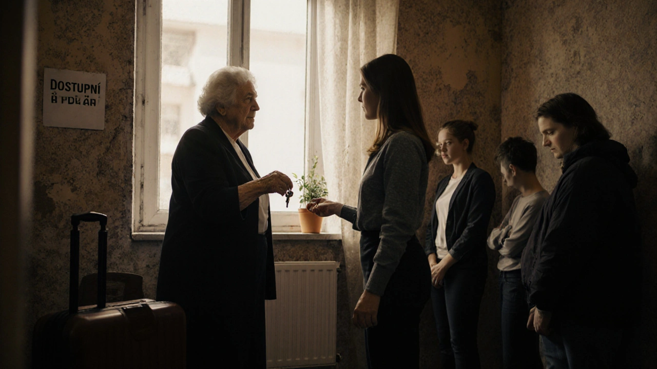 Stará žena předává klíče učiteli v bytovém domě s nápisem &#039;Dostupné bydlení&#039;.