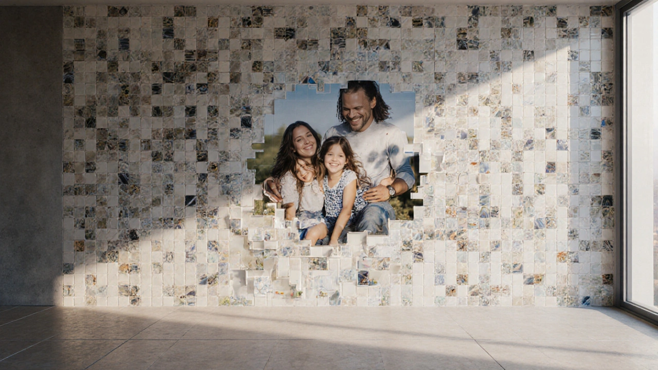 Stěna s personalizovanými digitálně tisknutými obklady, které zobrazují jemnou rodinnou fotografii.