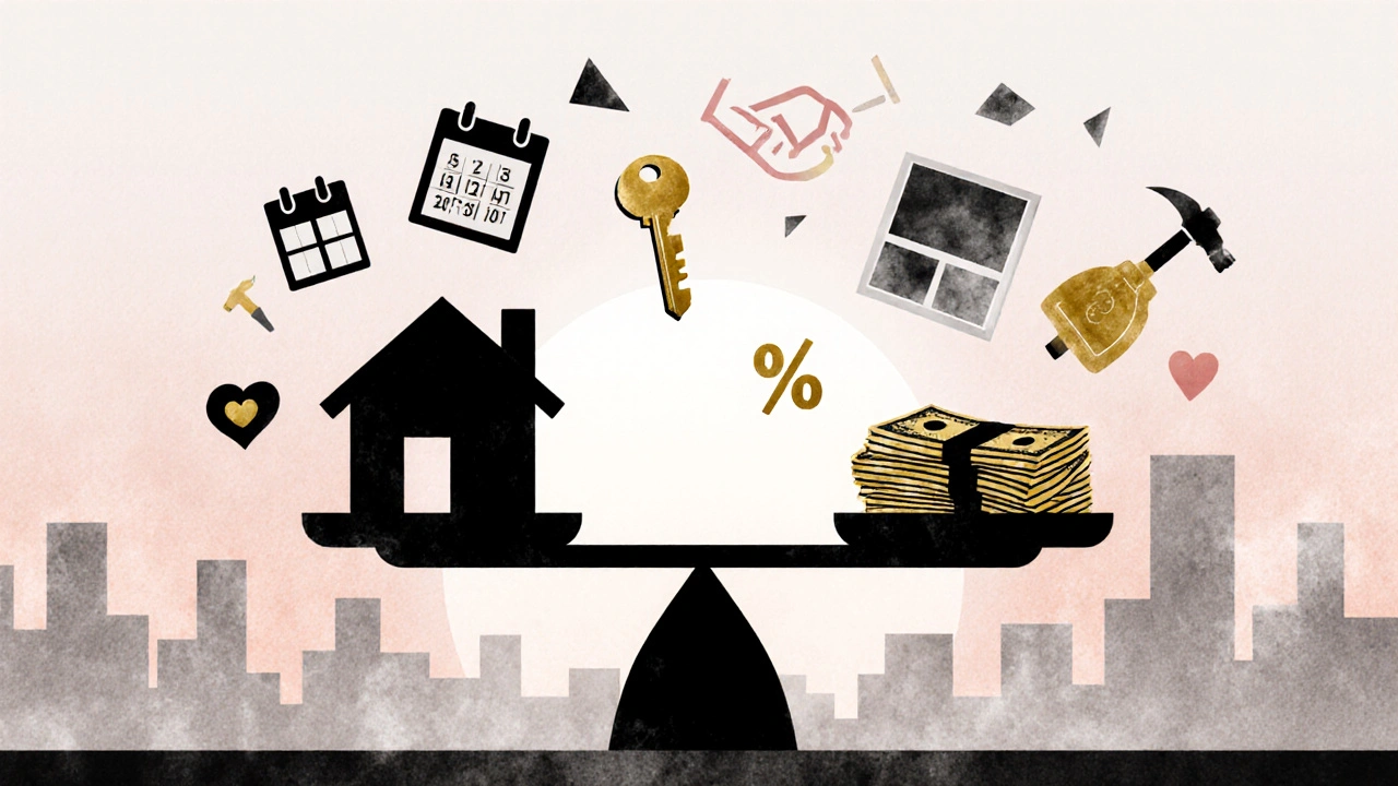 Symbolická váha s klíčem a penězi, znázorňující úspory při vyjednávání o nemovitosti.