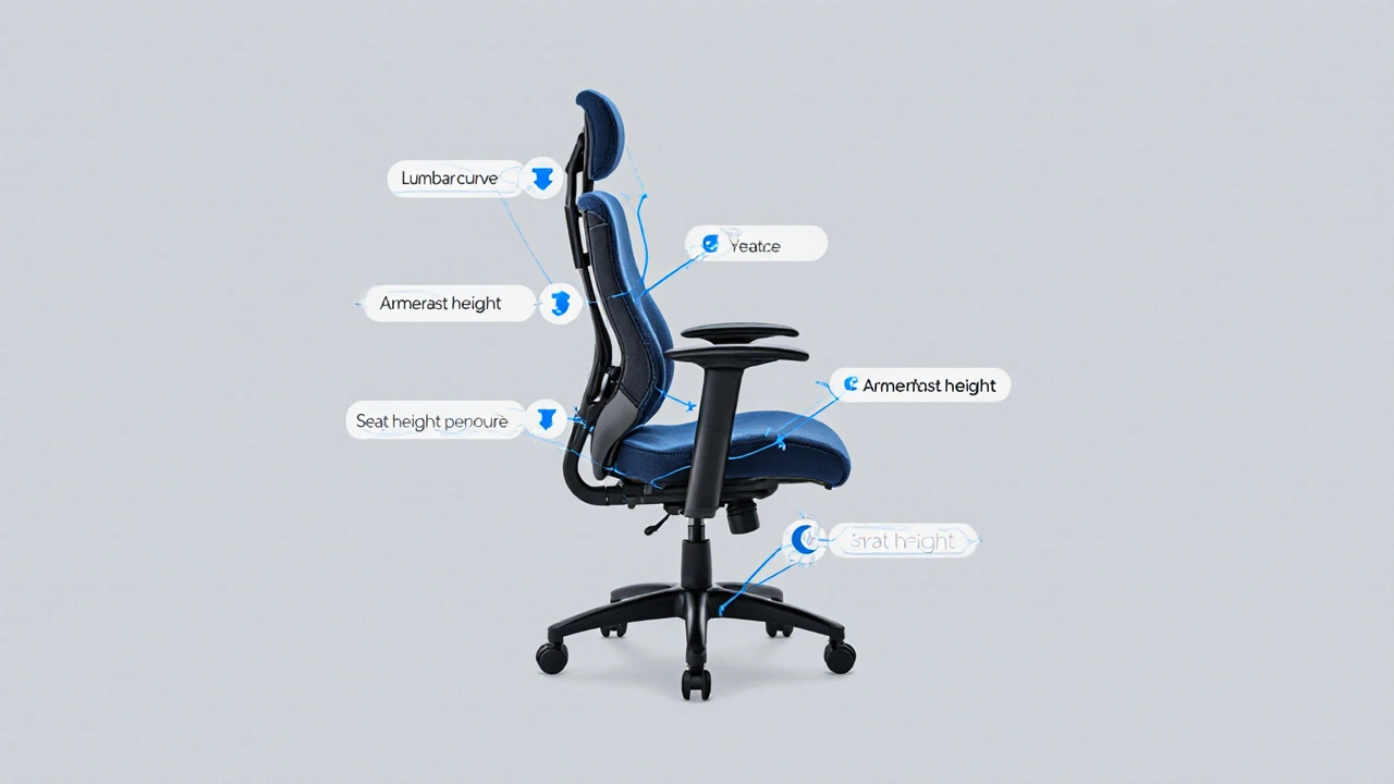 Technický náčrt ergonomické židle s vyznačenými pěti body podpory pro tělo.