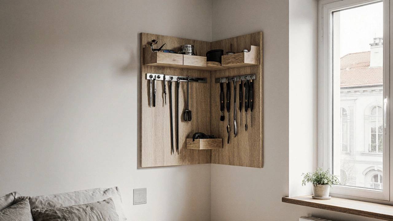 Úhlový úložný systém s nářadím na stěně a dveřmi s příslušenstvím