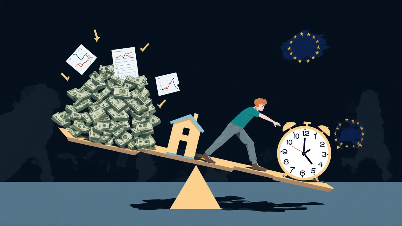 Váha s bytem a hromadou peněz a grafů, mladý člověk se snaží dosáhnout na byt.