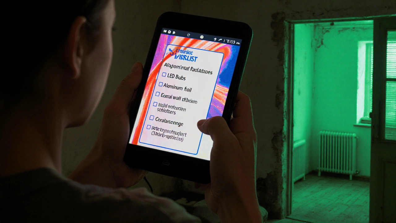Vlastník s termovizní kamerou ukazující úniky tepla vedle seznamu levných úsporných opatření jako LED žárovky a žaluzie.