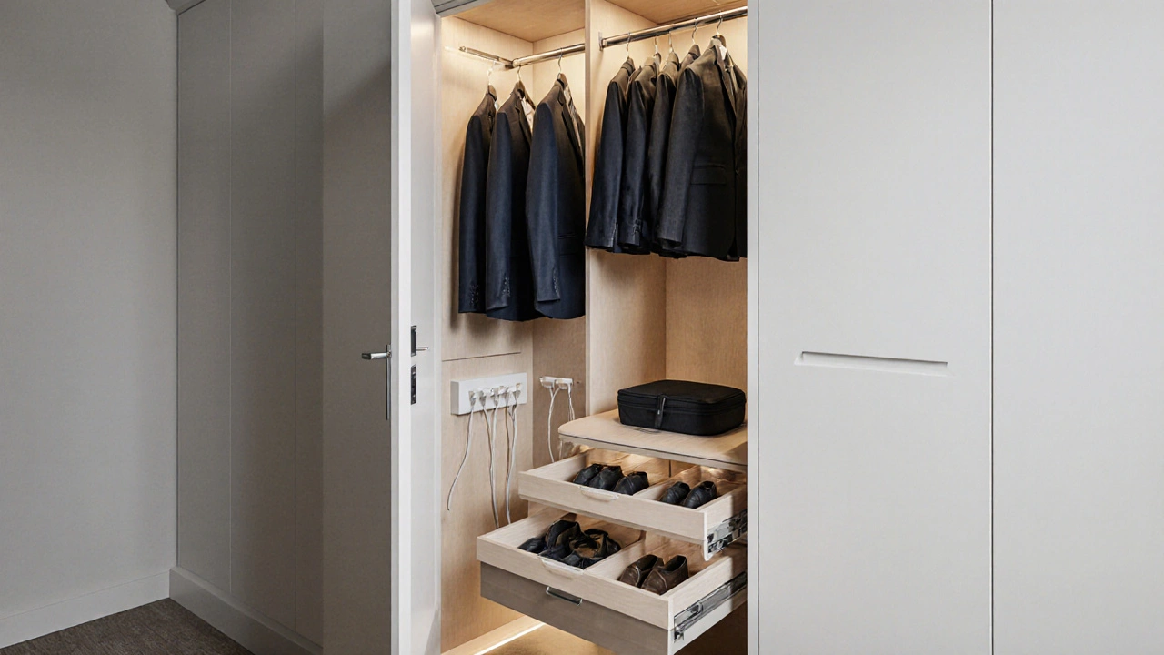 Vnitřek šatny s výsuvnými šuplíky pro obleky, kabely a cestovní potřeby, jemně osvětlený a bez chaosu.