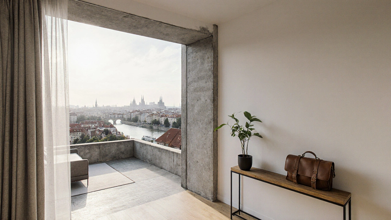 Výhled z bytu přes celou výšku okna na městský panorama, bez závěsů, s čistými čarami a přirozeným osvětlením.