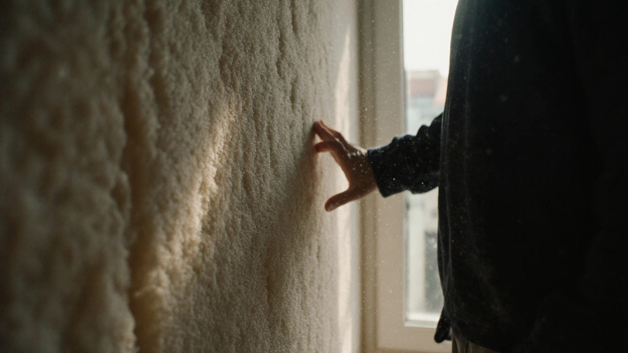 Zákazník se dotýká stěny s izolací, viditelné dvojité sklo a LED osvětlení v bytě.