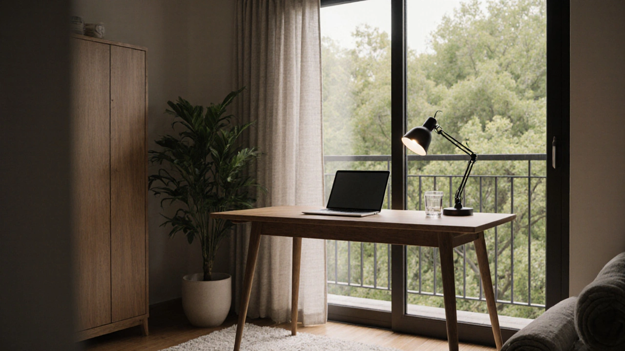 Zateplený balkón jako pracovna s deskou, rostlinou a přírodním světlem, klidná atmosféra.