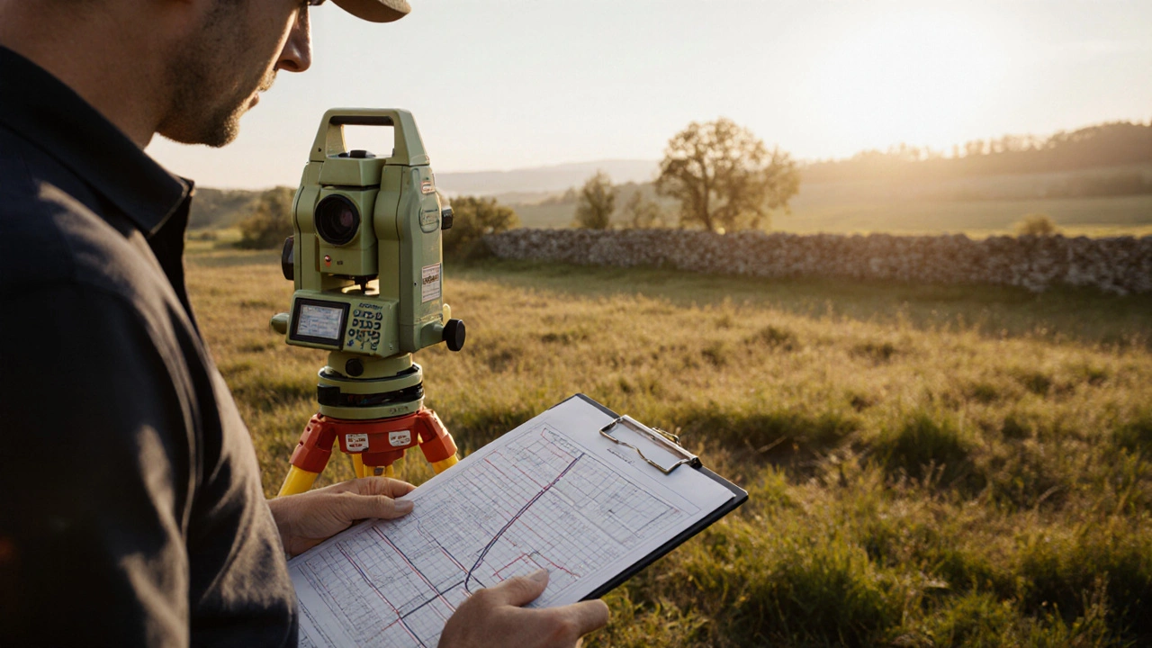 Zeměměřič používá přístroj k vytyčení hranice pozemku v české zahradě.