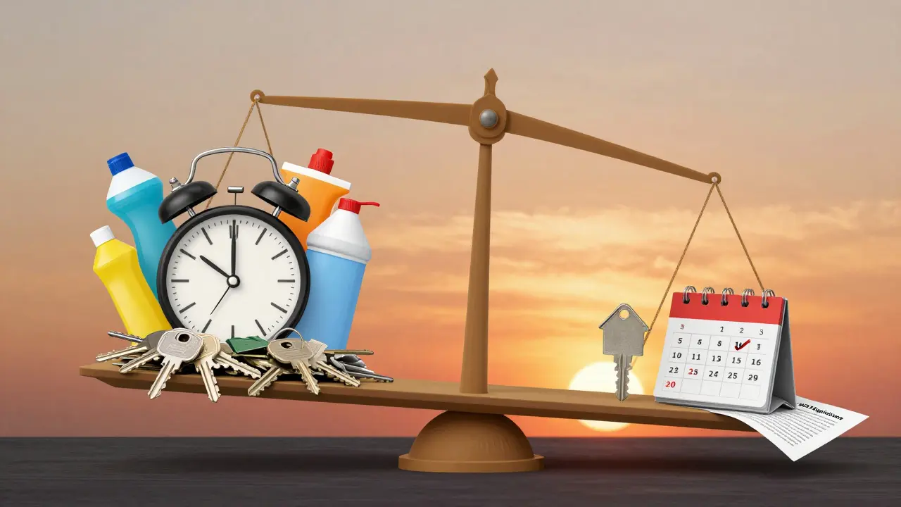 Balance scale comparing chaotic short-term rental stress versus calm long-term rental stability.
