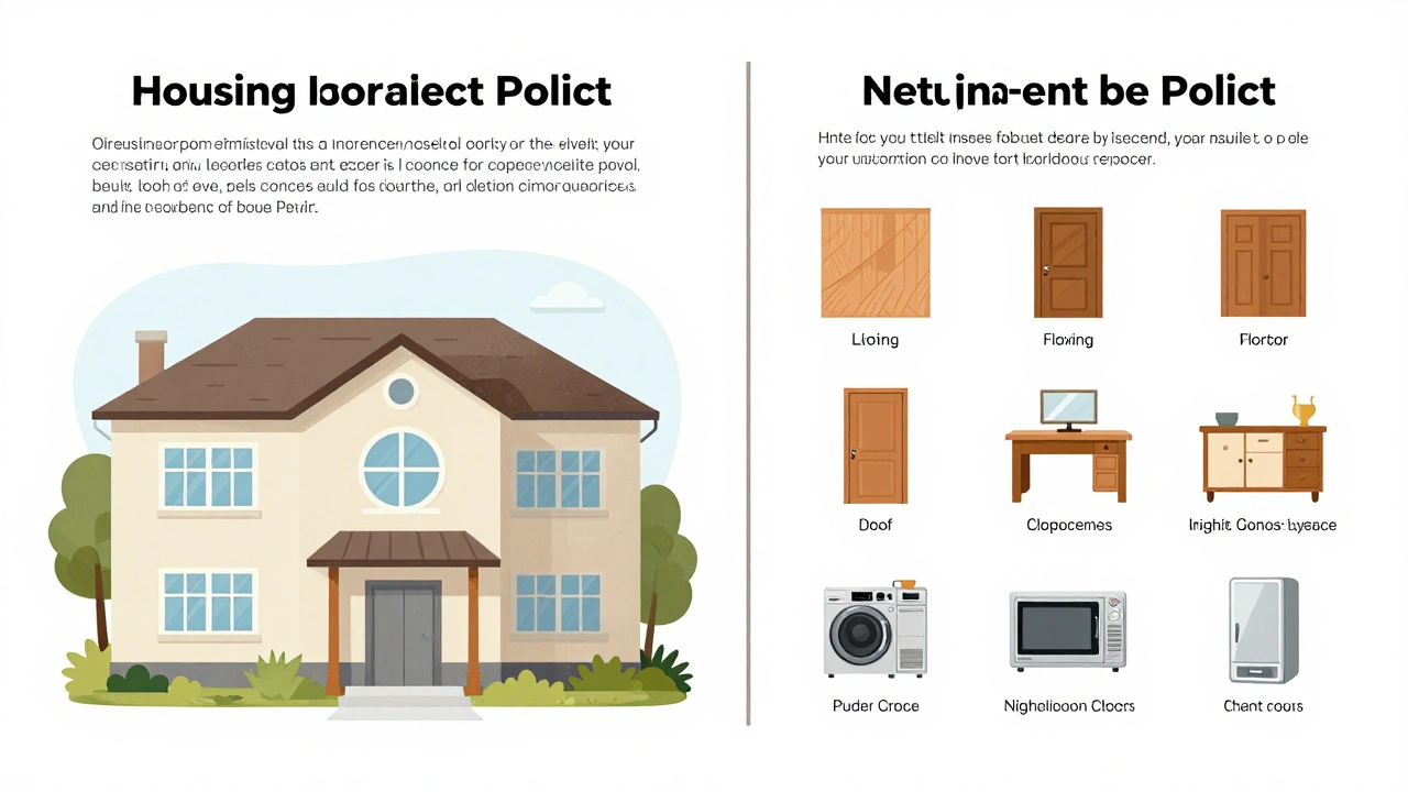 Dvě části obrázku: levá ukazuje společné pojištění domu, pravá ukazuje osobní pojištění bytu s vnitřním vybavením.