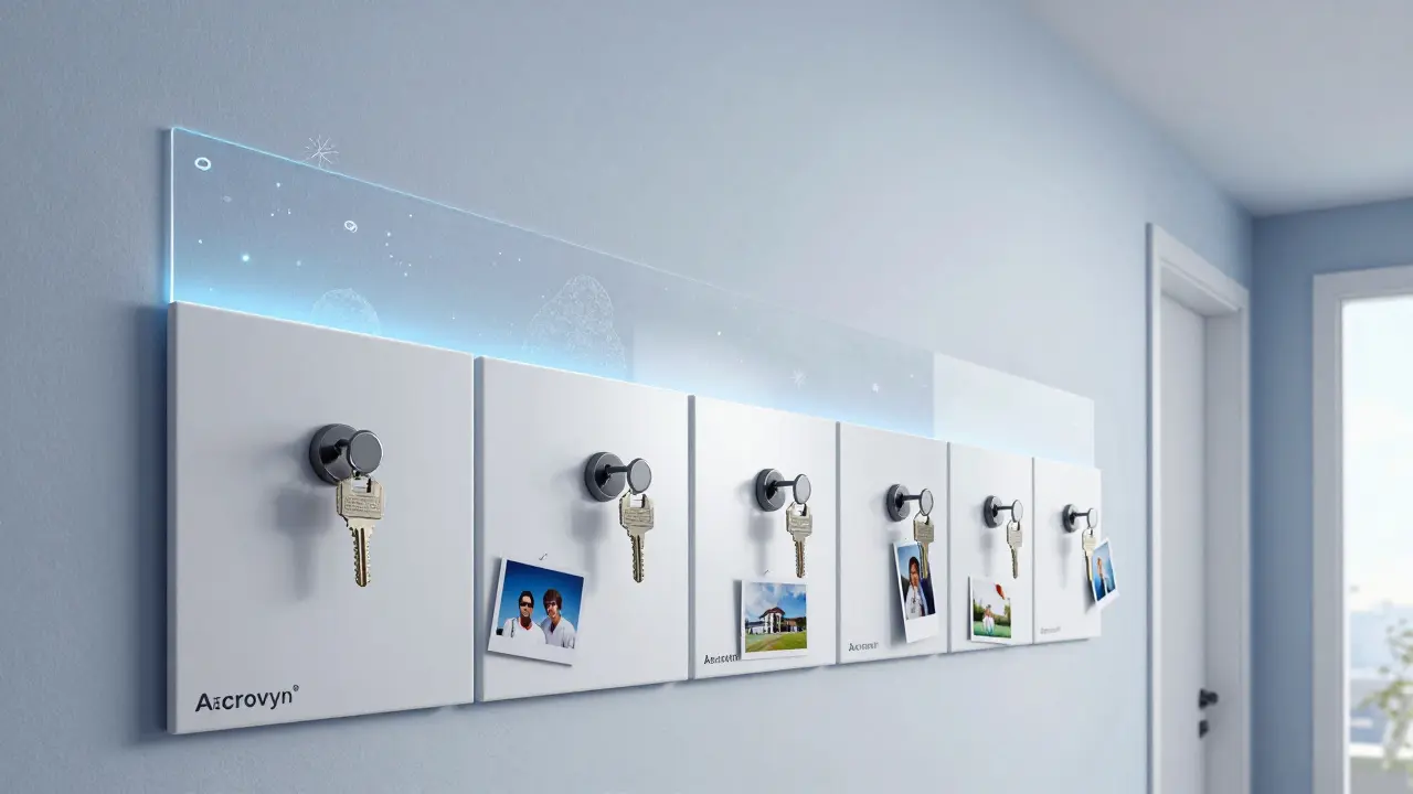 Hybridní stěna s Acrovyn® panely a magnetickými prvky pro klíče a fotografie.