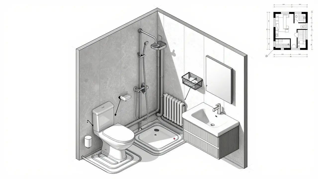 Isometrický náčrt malé koupelny s označenými moderními sanitárními prvky a skrytým bytovým jádrem.
