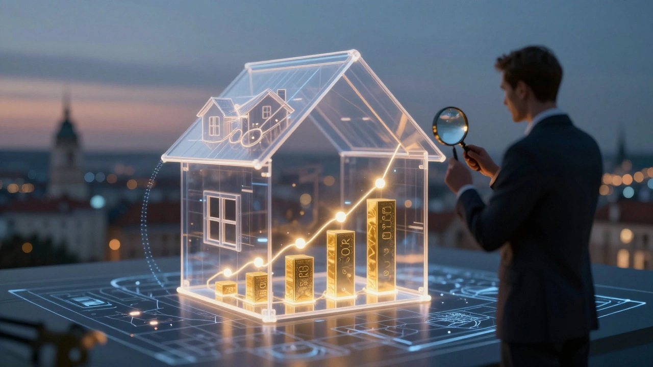 Konceptuální obrázek domu s osvětlenými fázemi hypotéky a digitálním bankovním systémem.