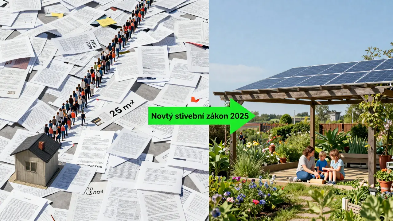 Kontrast starého a nového stavebního zákona: chaos papírů vs. volnost a jednoduchost v zahradě.