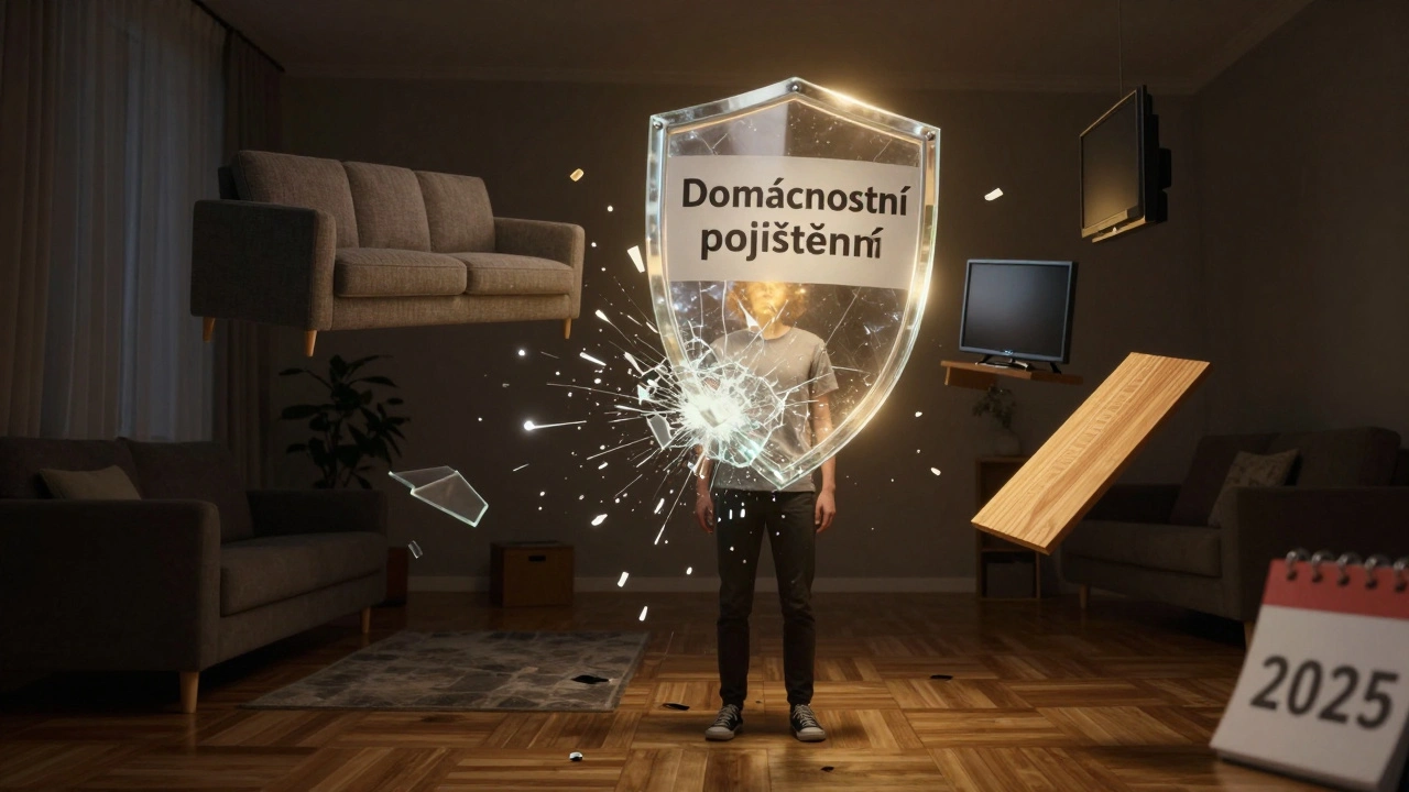 Křehký štít pojištění družstva se rozbíjí, zatímco silnější štít domácnostního pojištění osvětluje byt.