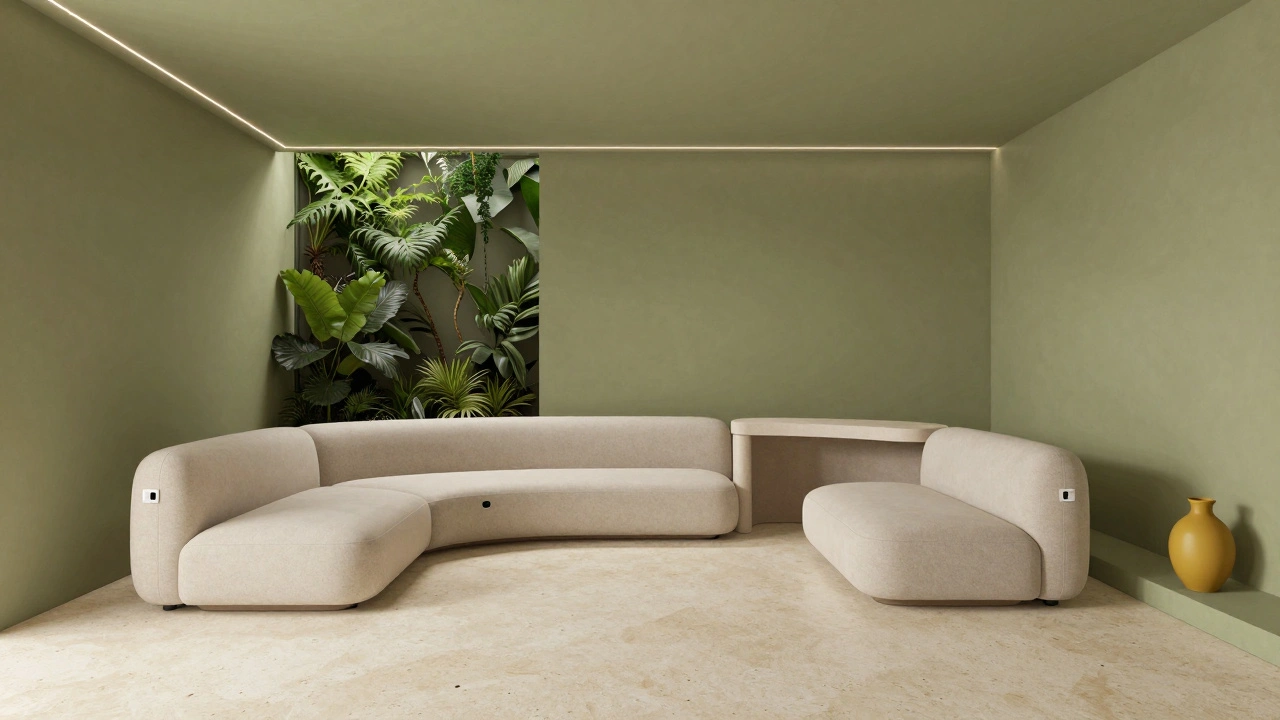 Minimalist living room designed as a living organism with smart textiles, vertical garden, and seamless furniture transformation.