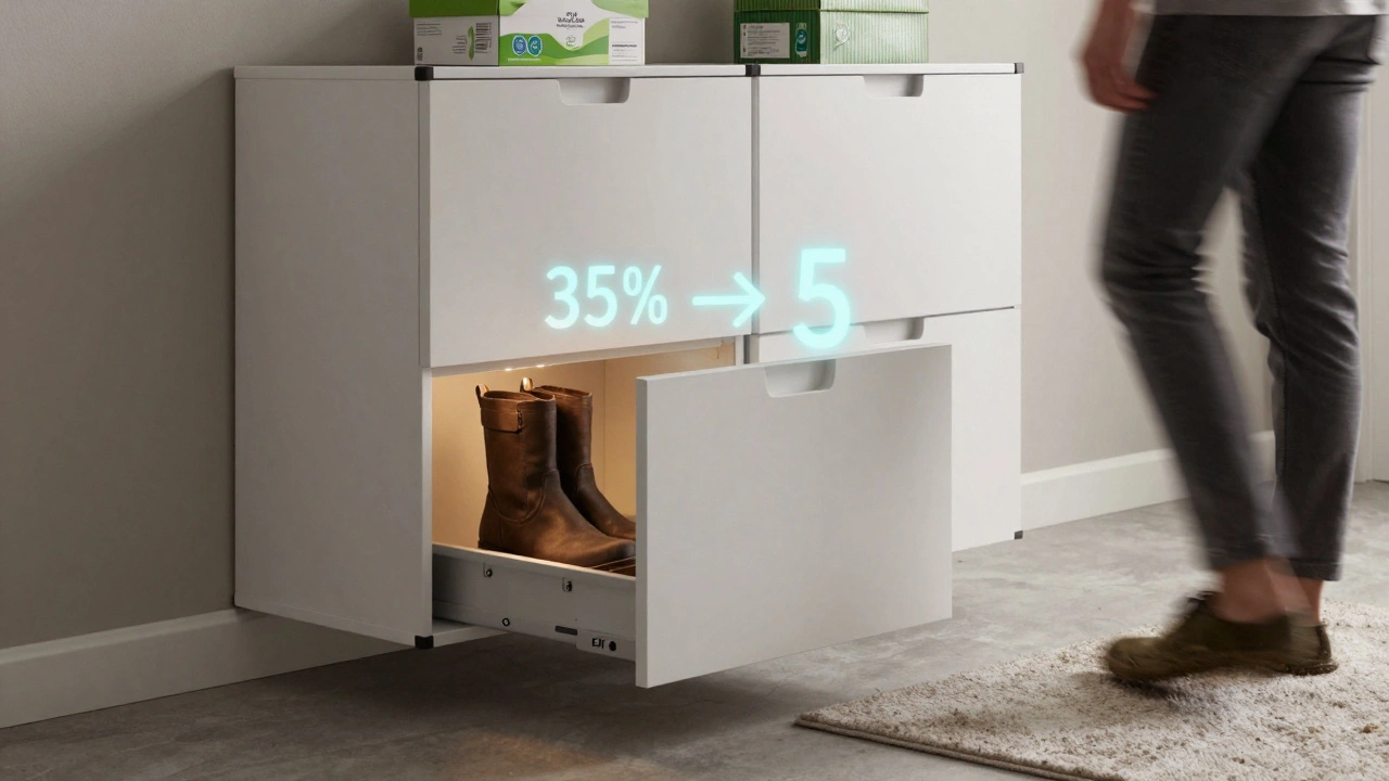 Moderní úložný systém s otevřenou police, kde se suší jedna obuv, viditelné senzory vlhkosti a ekologické krabice.