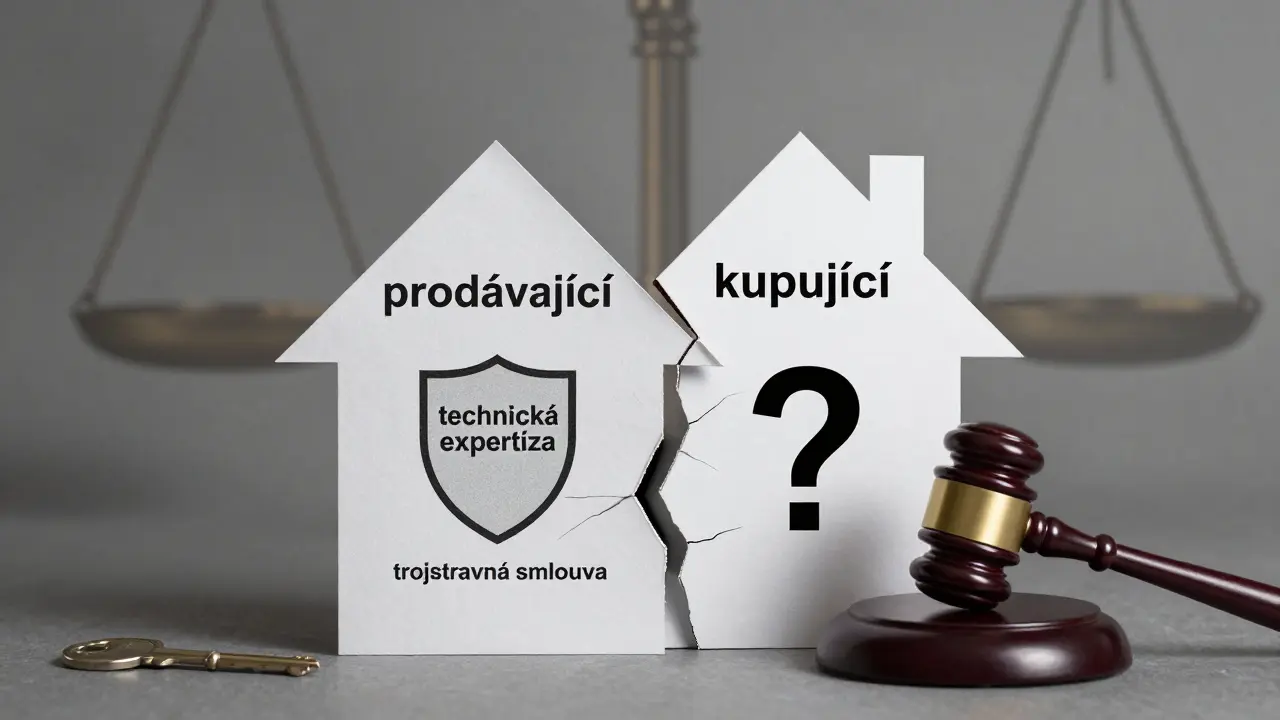 Nemovitost rozdělená poškrábanou smlouvou, jedna strana chráněna odbornou zprávou, druhá ohrožena soudním sporem.