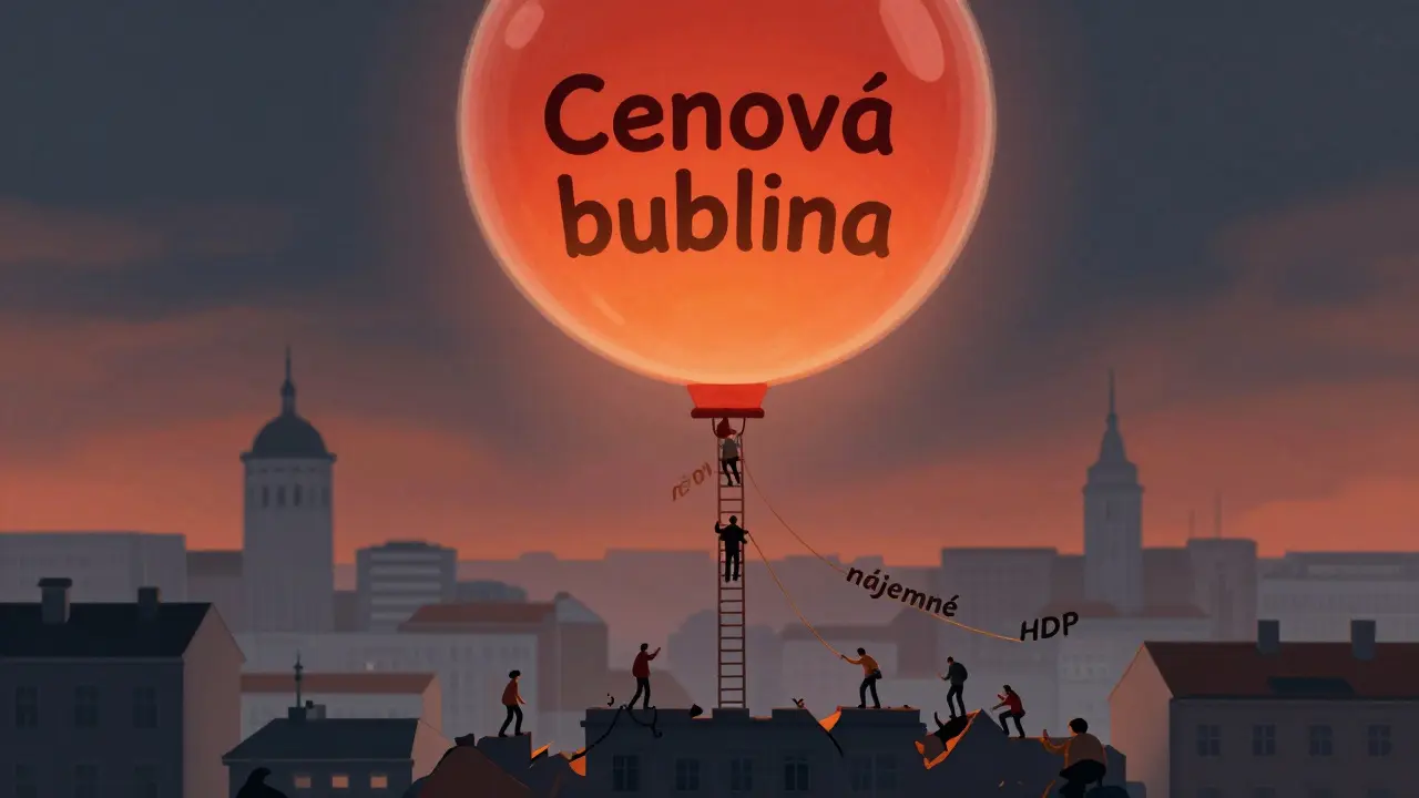 Obří cenová bublina nad českým městem, lidé se snaží naskočit, zatímco jiní padají.