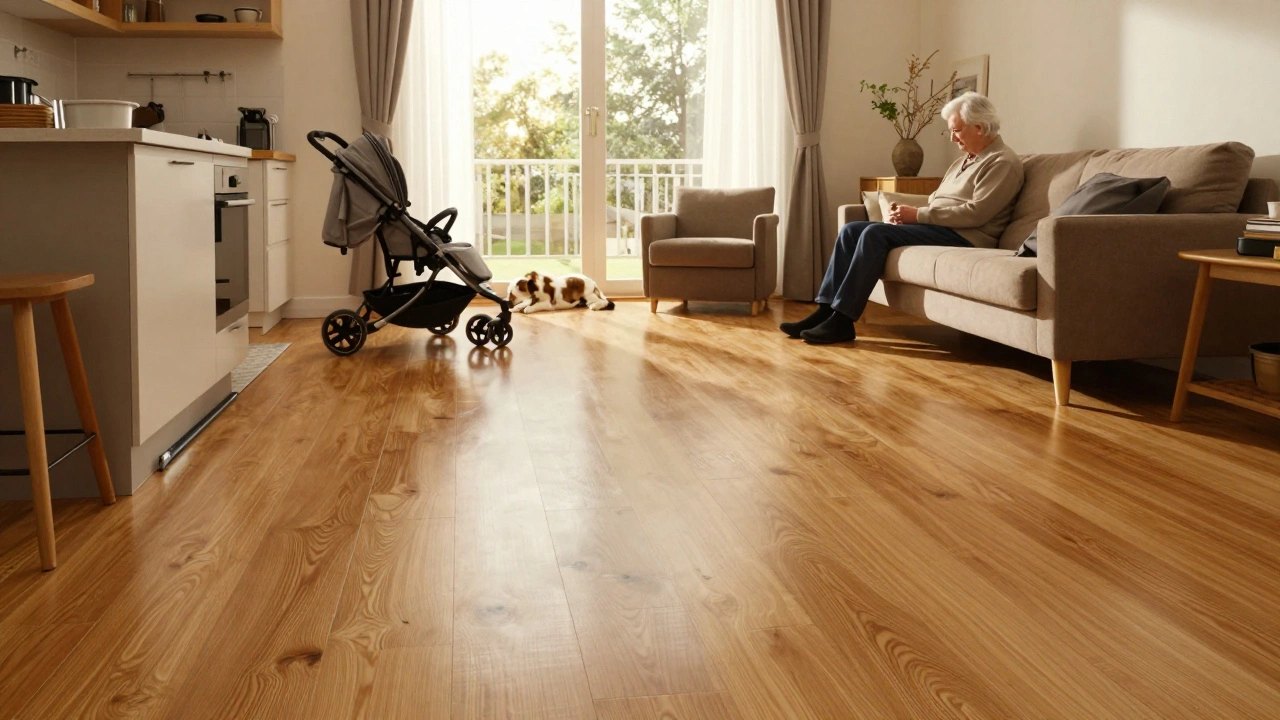 Obývací pokoj s vinylovou podlahou, rodina a podlahové topení, sluneční světlo a klidná atmosféra.