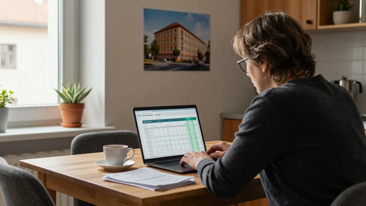 Osoba v malém bytě v Brně přemýšlí o hypotéce, zatímco na zdi je fotografie dražšího bytu v Praze.