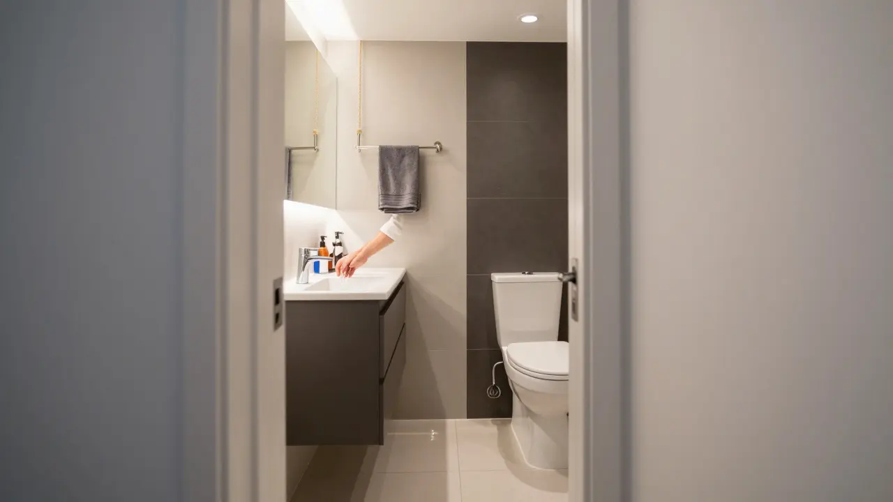 Pohled do modernizované koupelny z dveří: osoba myje ruce pod LED zrcadlem, stěny jsou světlé a bez špíny.