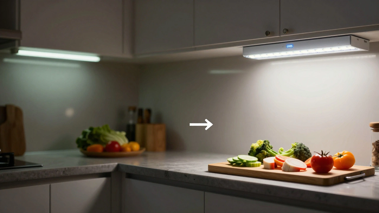 Porovnání kvality osvětlení: špatné, blikající a ideální LED osvětlení v kuchyni.