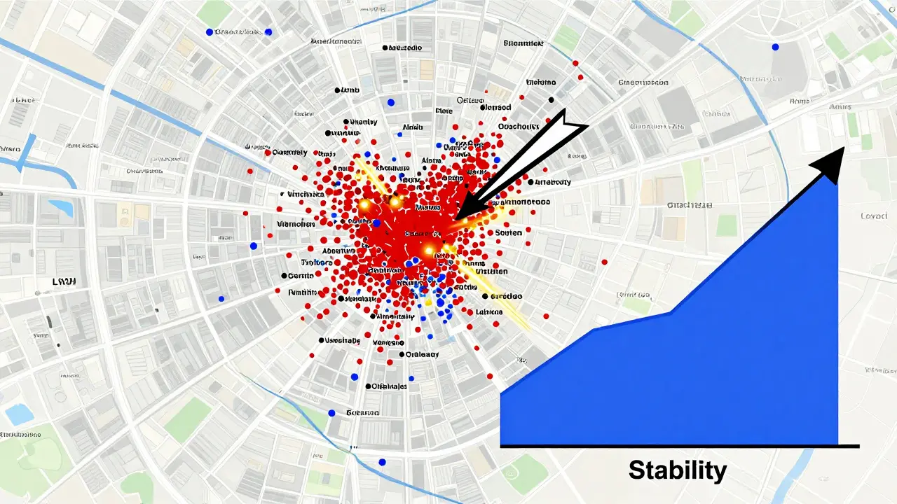 Prague map with glowing tourist zones and quiet residential areas marked by color-coded dots.