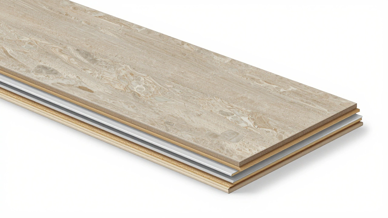 Příčný řez vinylové podlahy s viditelnými vrstvami: tisk, ochranná vrstva, jádro a akustická podložka.