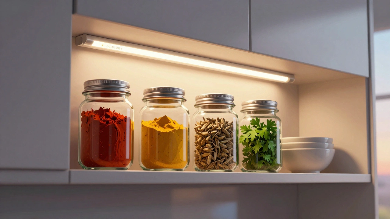 Profesionální LED pásek v kuchyňské polici zviditelňuje barvy koření a nádobí přesným světlem.