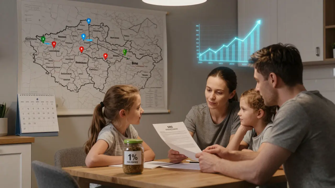 Rodina analyzuje smlouvu u stolu, na pozadí mapa Česka s kolíky v pěti městech a nádrží na opravy.