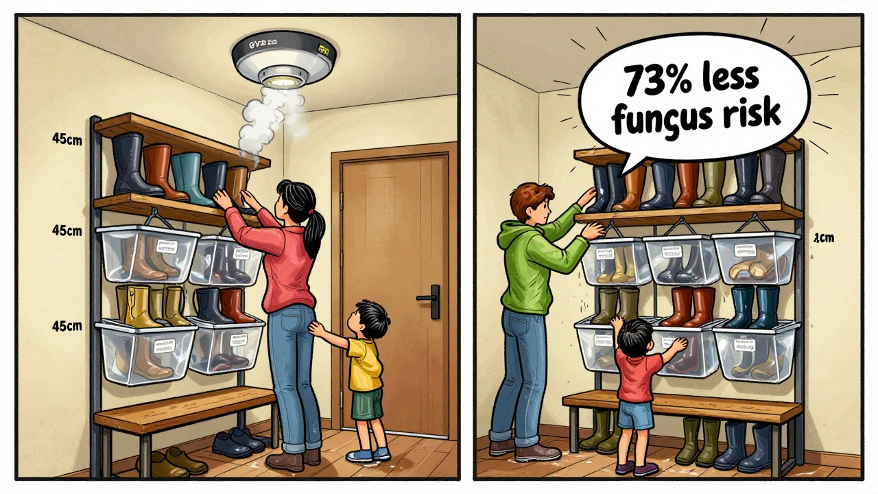 Rodina ukládá mokré boty do závěsného systému Reponio, dítě dosahuje na nízké police, sušička vyzařuje teplo.