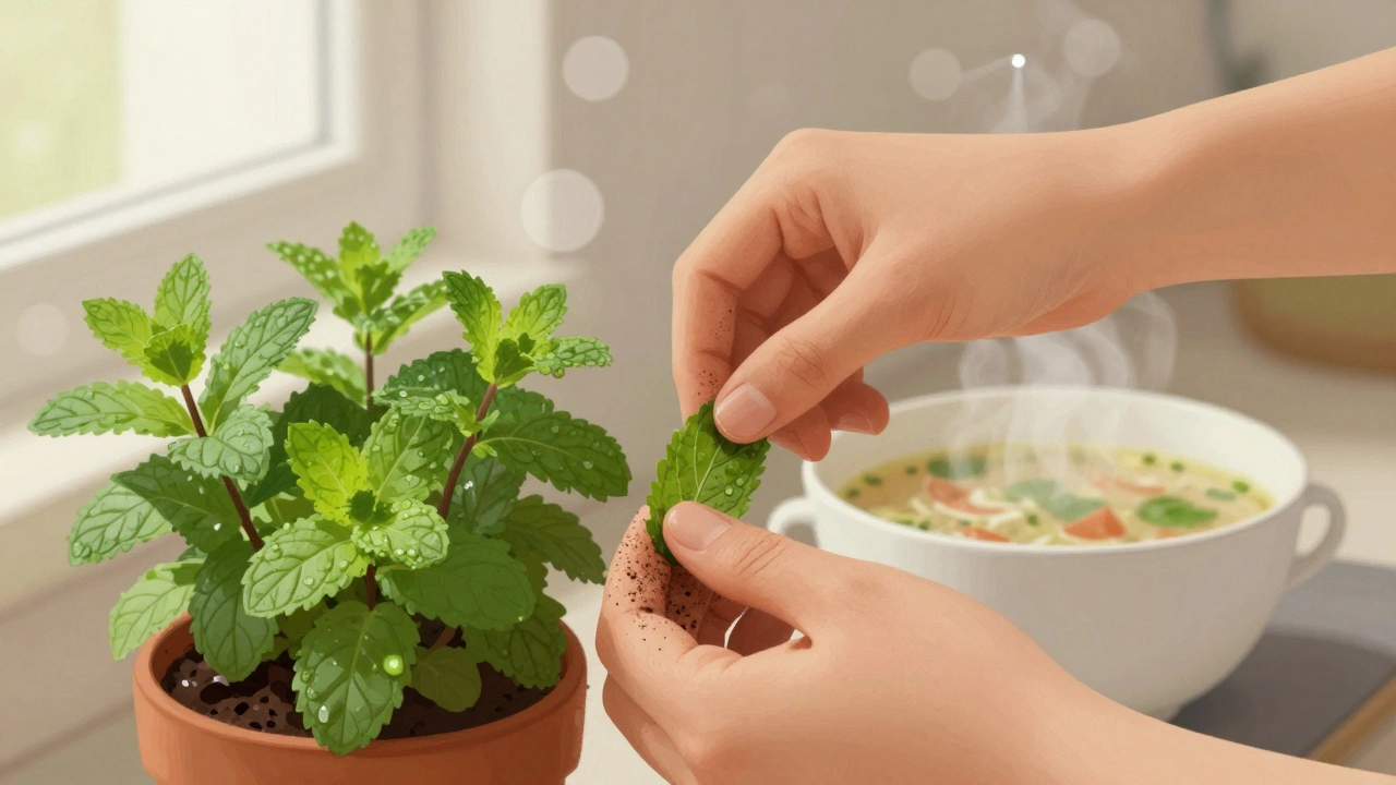 Ruce sbírají mátu z květináče, za nimi se zvedá pára z polévky.