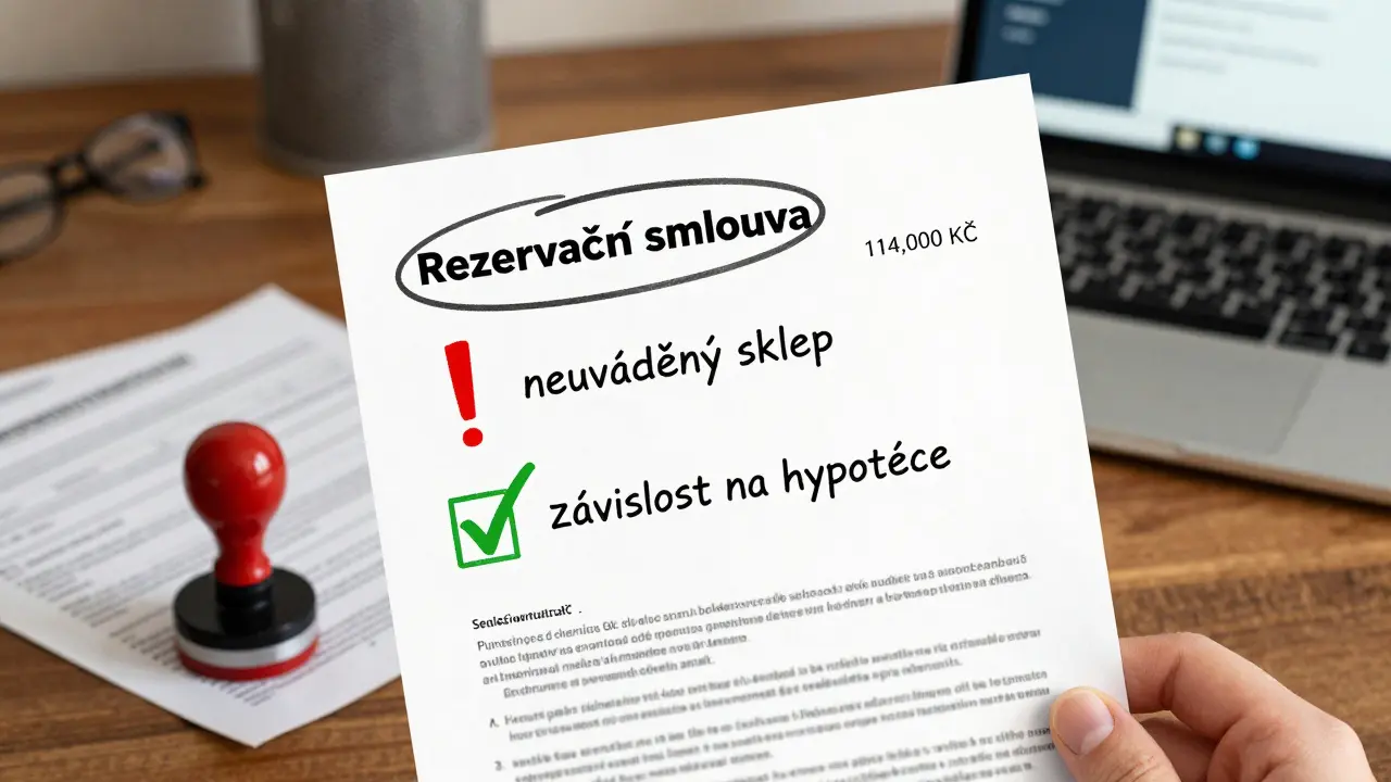 Rukou psaná rezervační smlouva s výrazně označenou částkou 114 000 Kč a poznámkou o neuváděném sklepě.