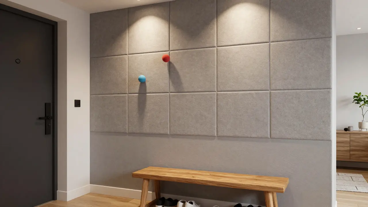 Stěna v předsíni s čalouněnými panely a protiplísňovým nátěrem, ideální pro rodiny.