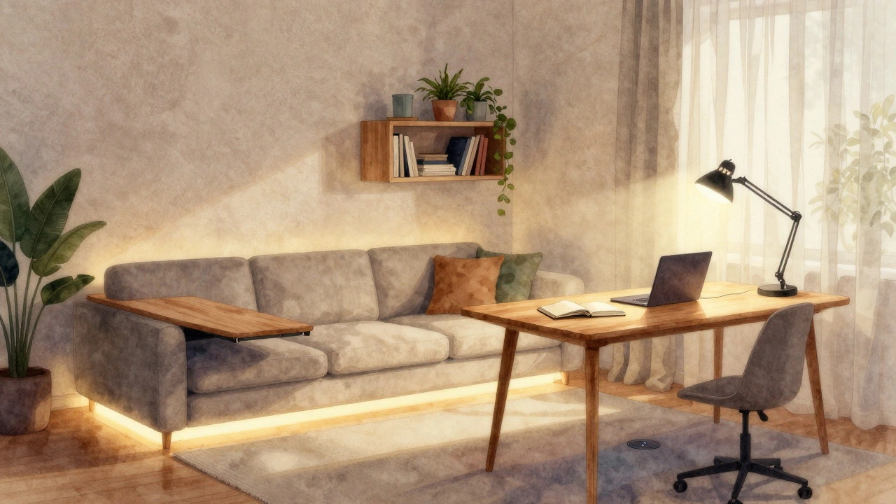 Three-layered lighting system illuminating a calm, clutter-free living space with linen curtains and travertine floor.
