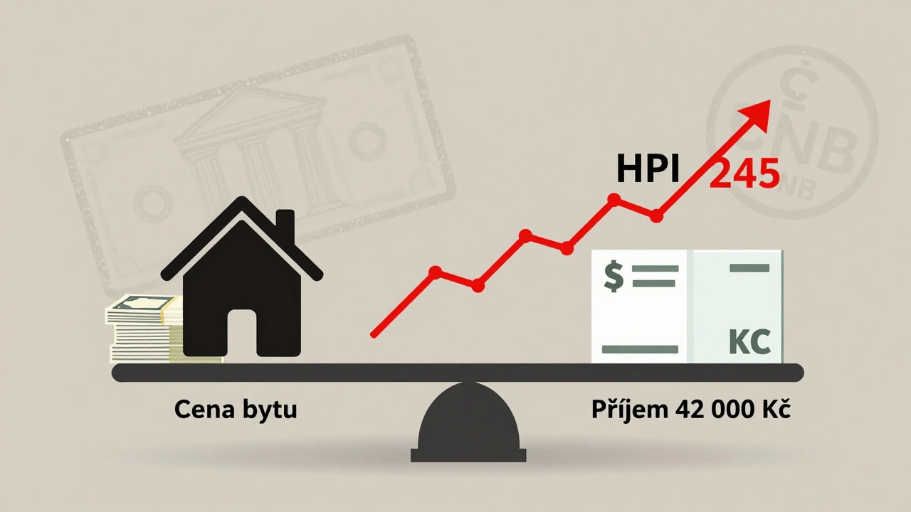 Váha s cenou bytu a růstem HPI proti příjmu.