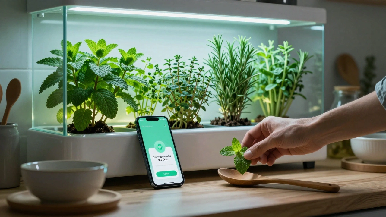 Vertikální hydroponická zídky s bylinkami v moderní kuchyni, na telefonu upozornění na zálivku.