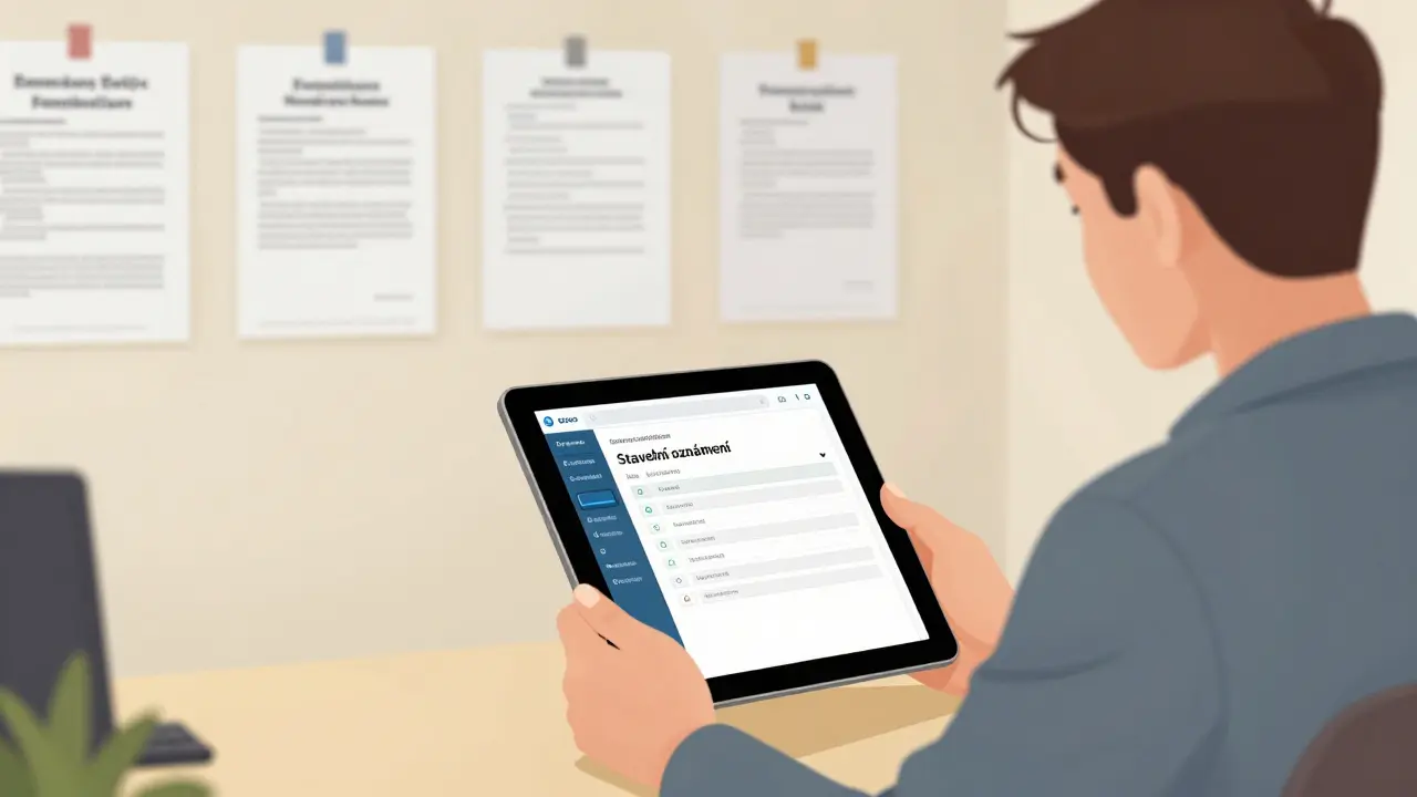 Vlastník domu podává elektronické oznámení o dokončení stavby na tabletu ve stavebním úřadě.