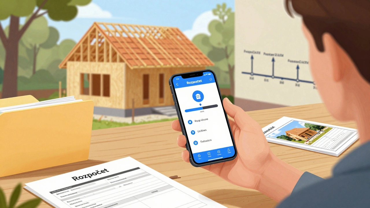 Vlastník s mobilní aplikací sledující postup čerpání hypotéky při stavbě domu.