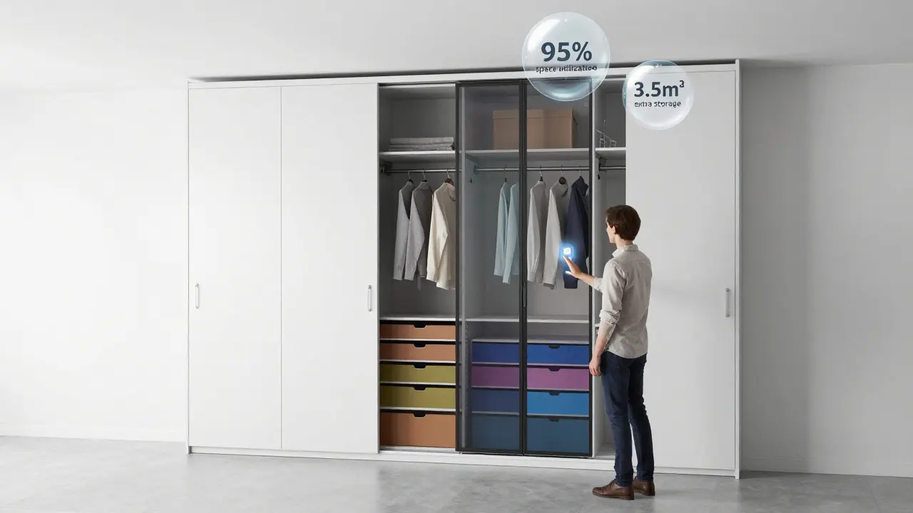 Chytrá vestavěná skříň s automatickými dveřmi, dotykovým osvětlením a modulárními komory ve světlém interiéru.