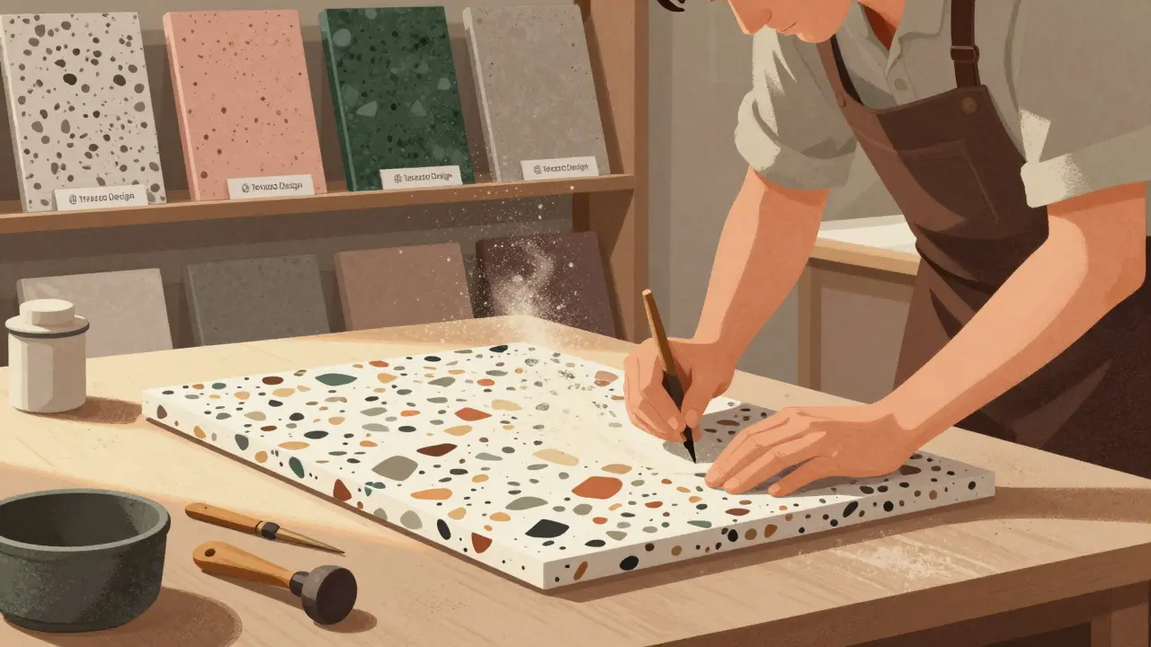 Craftsman polishing a terrazzo slab in a workshop, surrounded by color samples and tools, warm afternoon light.
