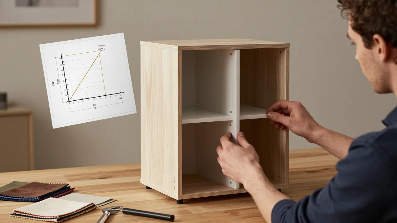 Designer adjusting modular shelves inside a custom storage unit, with blueprints and material samples nearby.