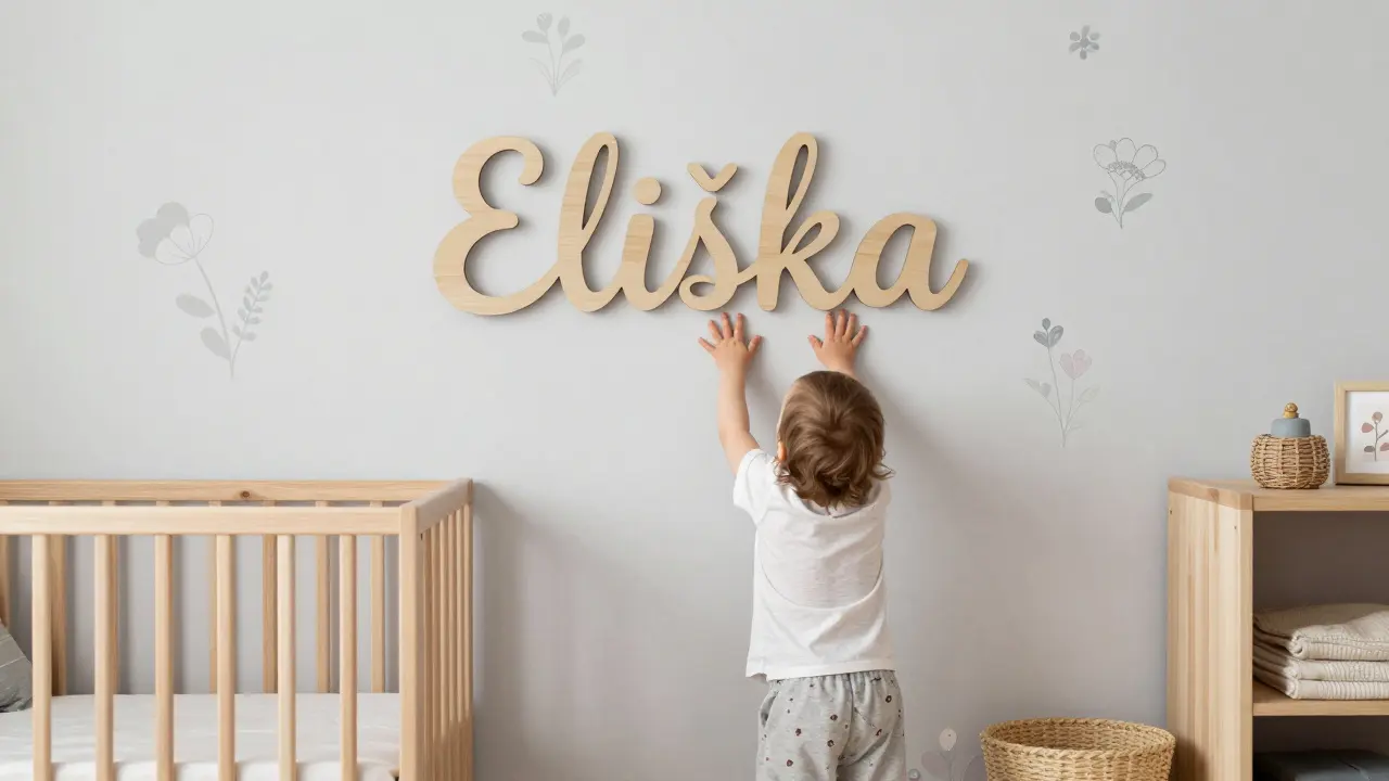 Dítě se dotýká dřevěného jména na stěně v minimalistickém pokoji s květinovými motivy.