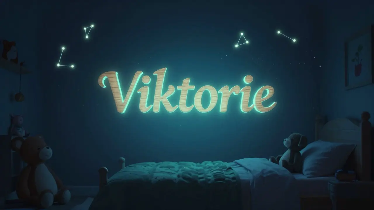 Jméno na stěně ve tmě svítí jemně jako hvězdy v dětském pokoji.